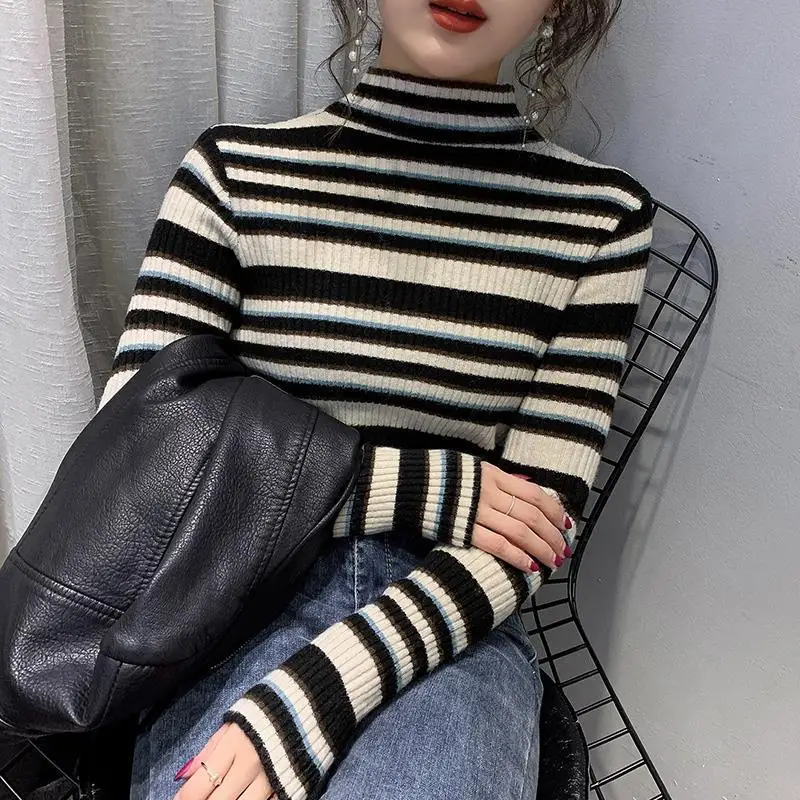 Early autumn and winter new thin half high collar color striped sweater women
Early autumn and winter new thin half high collar color striped sweater women