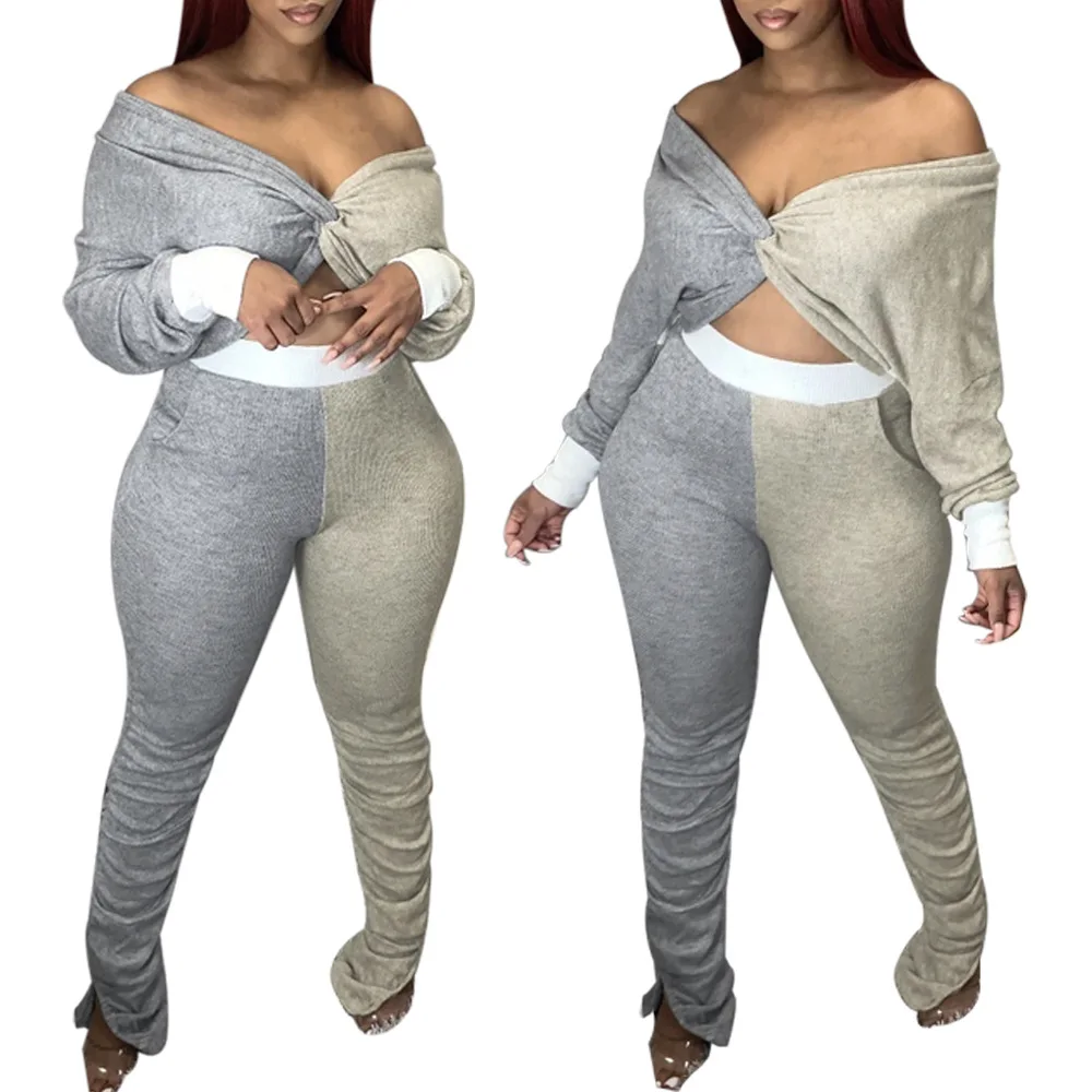 Contrast Color Patchwork 2 Piece Set Women Tracksuit Off The Shoulder Long Sleeve Crop Top and Stacked Jogger Pant Sweat Suits
Contrast Color Patchwork 2 Piece Set Women Tracksuit Off The Shoulder Long Sleeve Crop Top and Stacked Jogger Pant Sweat Suits