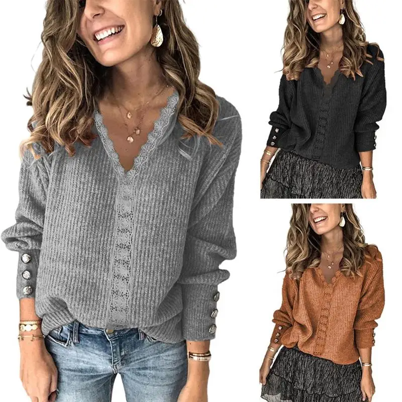 Women Solid Color V-neck Lace Long Sleeves Pullover Sweater Tops Casual Knit Sweater Top for Daily Party S-2XL
Women Solid Color V-neck Lace Long Sleeves Pullover Sweater Tops Casual Knit Sweater Top for Daily Party S-2XL
