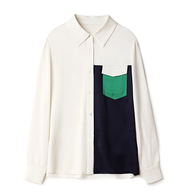 93% Silk 7% Spandex Women's Shirt Turn Down Collar Long Sleeves Color Block Pockets Fashion Casual Blouse Tops
93% Silk 7% Spandex Women's Shirt Turn Down Collar Long Sleeves Color Block Pockets Fashion Casual Blouse Tops