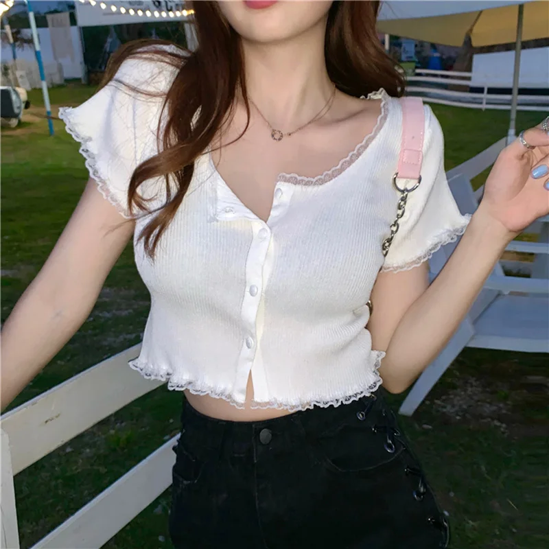 O Neck Ruffles Short Sleeve T Shirt Women Summer Casual Button Crop Top Basic Blue Pink T Shirt Tops
O Neck Ruffles Short Sleeve T Shirt Women Summer Casual Button Crop Top Basic Blue Pink T Shirt Tops