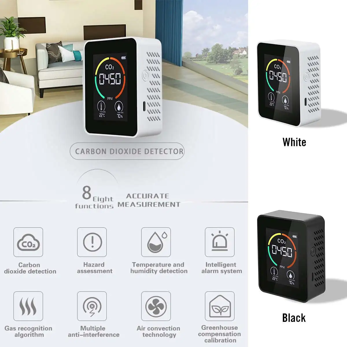 5 in1 CO2 Meter Digital Temperature Humidity Sensor Tester Air Quality Monitor Carbon Dioxide TVOC Formaldehyde HCHO Detector
5 in1 CO2 Meter Digital Temperature Humidity Sensor Tester Air Quality Monitor Carbon Dioxide TVOC Formaldehyde HCHO Detector