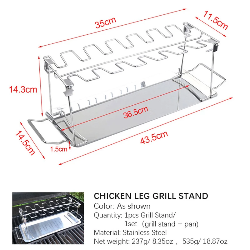 BBQ Beef Chicken Leg Wing Grill Rack 14 Slots Stainless Steel Barbecue Drumsticks Holder Smoker Oven Roaster Stand with Drip Pan
BBQ Beef Chicken Leg Wing Grill Rack 14 Slots Stainless Steel Barbecue Drumsticks Holder Smoker Oven Roaster Stand with Drip Pan