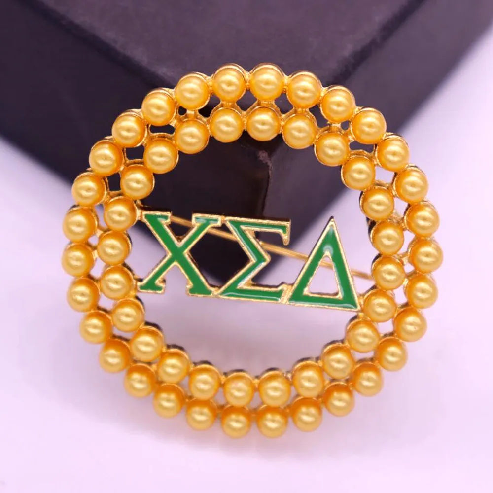Круглая металлическая греческая буква желтая жемчужина зеленая эмаль Chi Sigma Delta