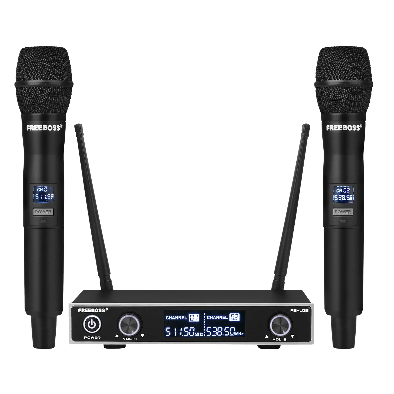 

Freeboss 2 Way UHF Fixed Frequency Professional Wireless Dynamic Microphone Karaoke System 2 Handheld Mic with Receiver FB-U35
