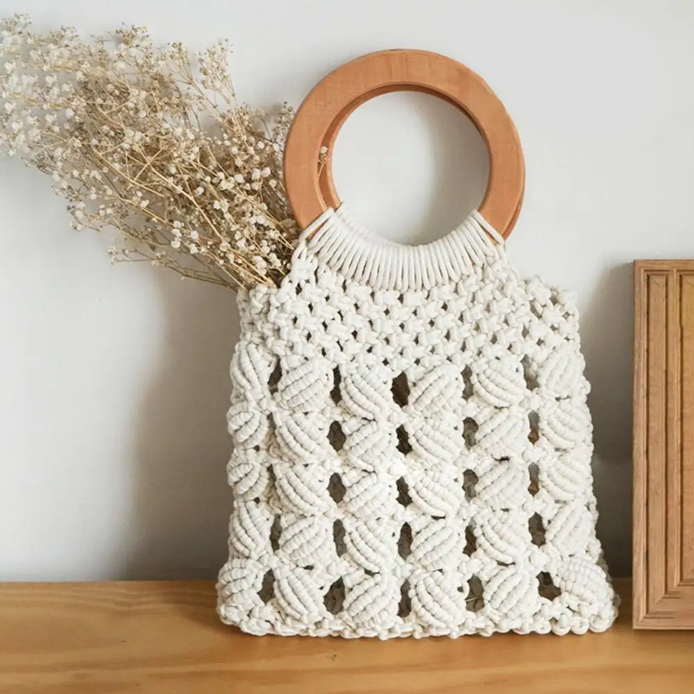 Cotton Rope Straw Women Bags Woven Bag Women waterproof Handbag Tote Retro Handmade Hollow Bags Wooden Handle For Beach
Cotton Rope Straw Women Bags Woven Bag Women waterproof Handbag Tote Retro Handmade Hollow Bags Wooden Handle For Beach