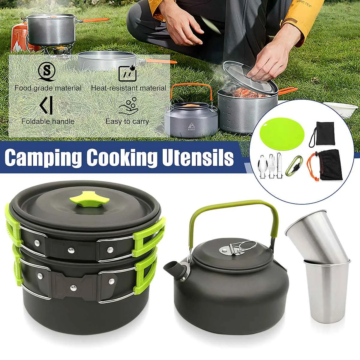 12Pcs/set Ultra-light Aluminum Alloy Camping Cookware Utensils Outdoor Cooking Teapot Picnic Tableware Kettle Pot Frying Pan
12Pcs/set Ultra-light Aluminum Alloy Camping Cookware Utensils Outdoor Cooking Teapot Picnic Tableware Kettle Pot Frying Pan