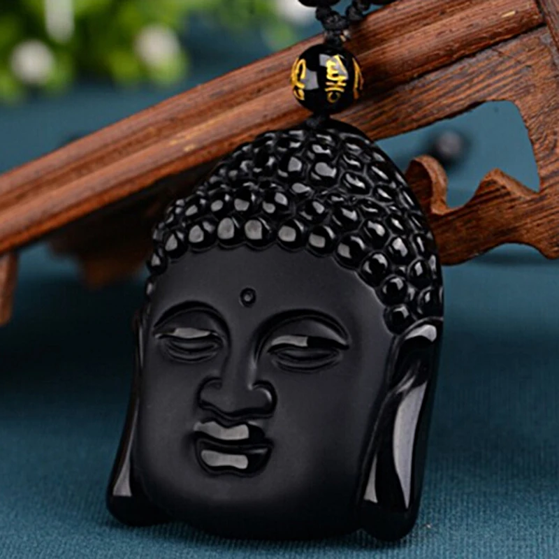 Unique Natural Black Obsidian Carved Buddha Blessing Necklace for Men Women Lucky Amulet Pendant Luck Craft Gift | Украшения и