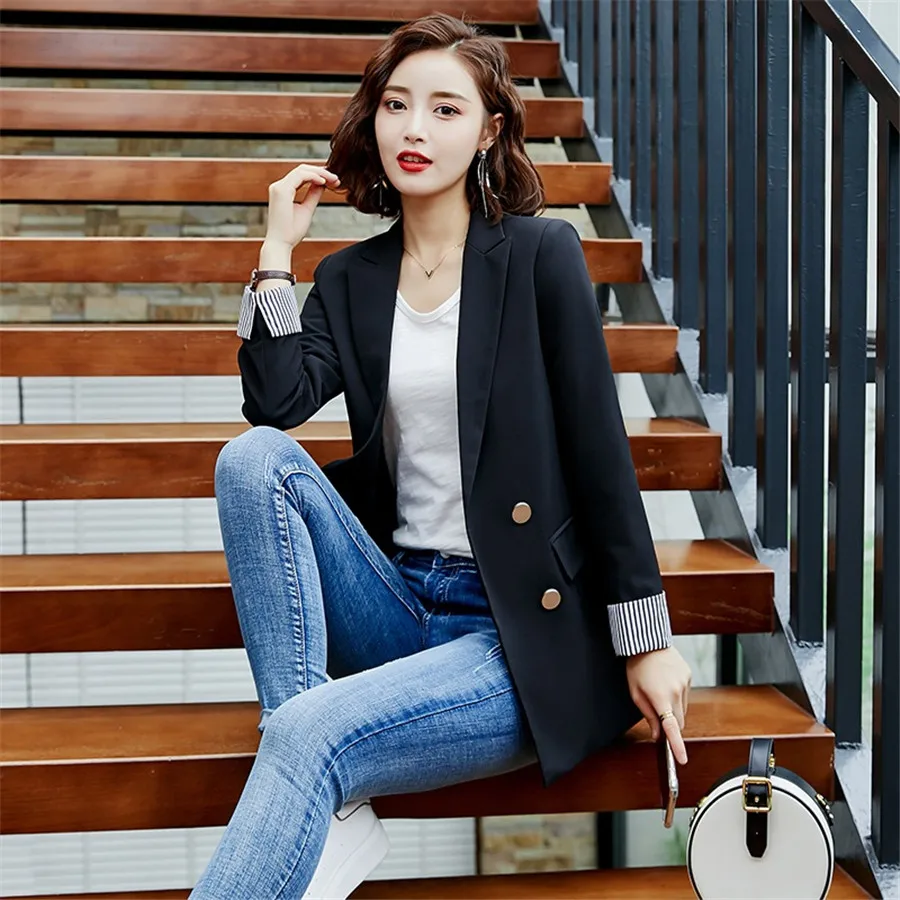 

Женский двубортный пиджак, повседневный свободный пиджак черного и синего цвета с отложным воротником, пальто в Корейском стиле для работы,...