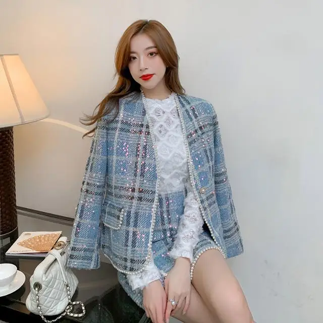 2021 Autumn Women New Two Piece Outfits Female V-neck Tweed Coat Jackets Ladies High Waist Mini Bodycon Skirts Plaid Suits E784
2021 Autumn Women New Two Piece Outfits Female V-neck Tweed Coat Jackets Ladies High Waist Mini Bodycon Skirts Plaid Suits E784