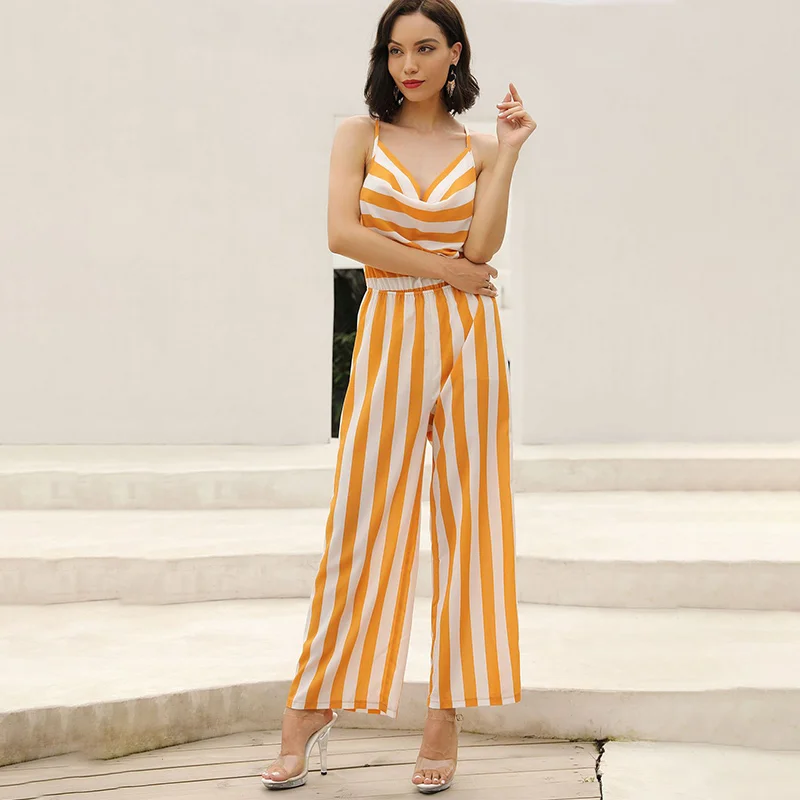 Straps V-neck Backless Women's Jumpsuits Sleeveless Yellow Striped Full Length Pants Office Lady Elegant Jumpsuit Tide Spring
Straps V-neck Backless Women's Jumpsuits Sleeveless Yellow Striped Full Length Pants Office Lady Elegant Jumpsuit Tide Spring