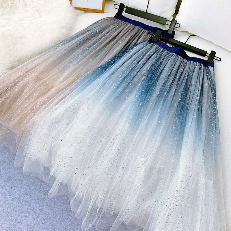 Lady Gradient Pleated Tulle Mesh Long Skirt Glitter Shiny Elastic High Waist Sweet Fairy Chic Summer A-Line Skirts 912-A821
Lady Gradient Pleated Tulle Mesh Long Skirt Glitter Shiny Elastic High Waist Sweet Fairy Chic Summer A-Line Skirts 912-A821