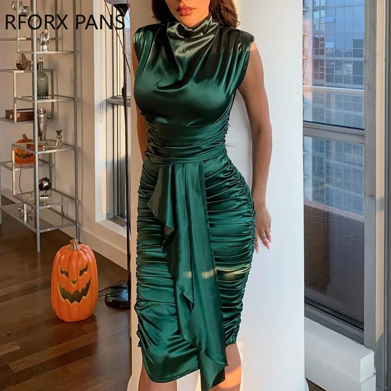 Women Solid Elegant Tank Folds Turtleneck Bodycon Midi Working and Formal Party Sexy Dress 
Women Solid Elegant Tank Folds Turtleneck Bodycon Midi Working and Formal Party Sexy Dress