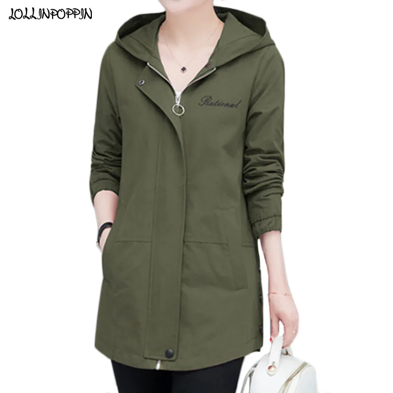

Women Hooded Army Green Jacket Letters Embroidery 2020 Spring Autumn Ladies Long Coat Side Buttons Embellished Cargo Jacket