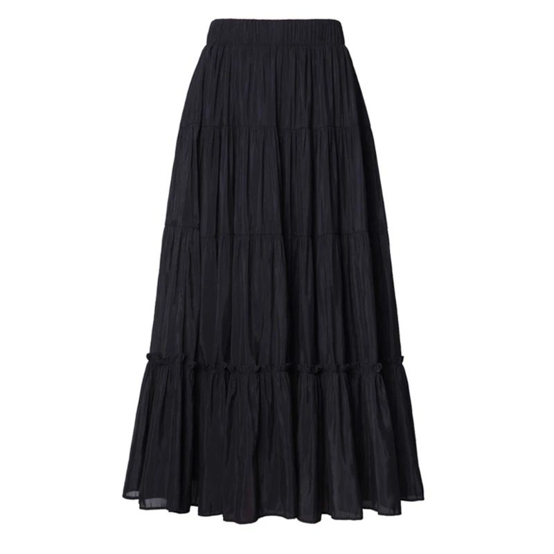 

Women Summer Elegant Elastic High Waist A-Line Maxi Long Skirt Black White Tiered Pleated Flared Hem Loose Swing Flowy Y1AC