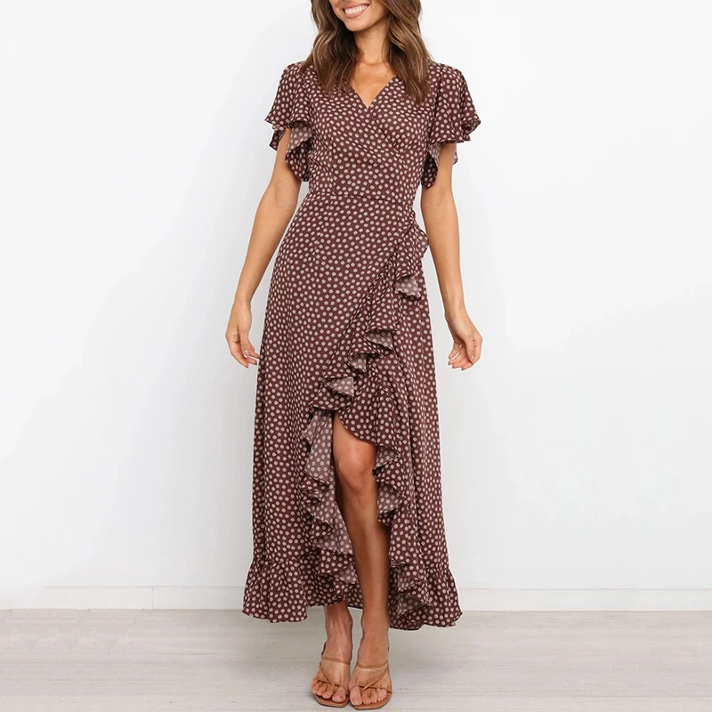 

Ardm Elegant Ruffled женское платье V Neck Summer Maxi Dress Split Polka Dot Vintage Boho Sashes Ladies Vestido Party Dress