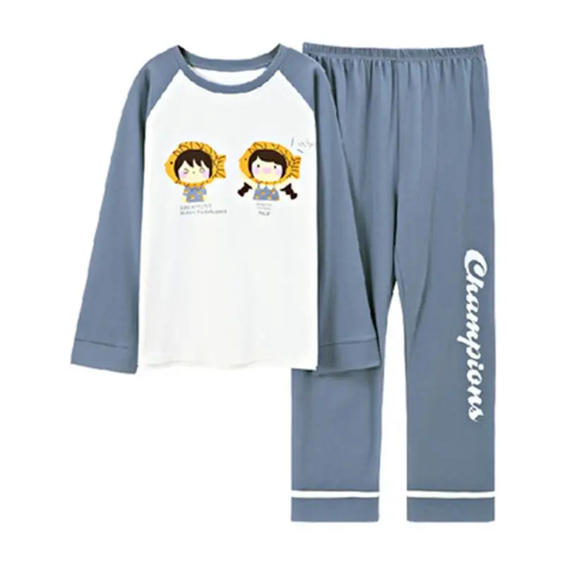 Spring and autumn long-sleeved trousers pullover cute cartoon pajamas female blue can be worn outside home clothes 
Spring and autumn long-sleeved trousers pullover cute cartoon pajamas female blue can be worn outside home clothes