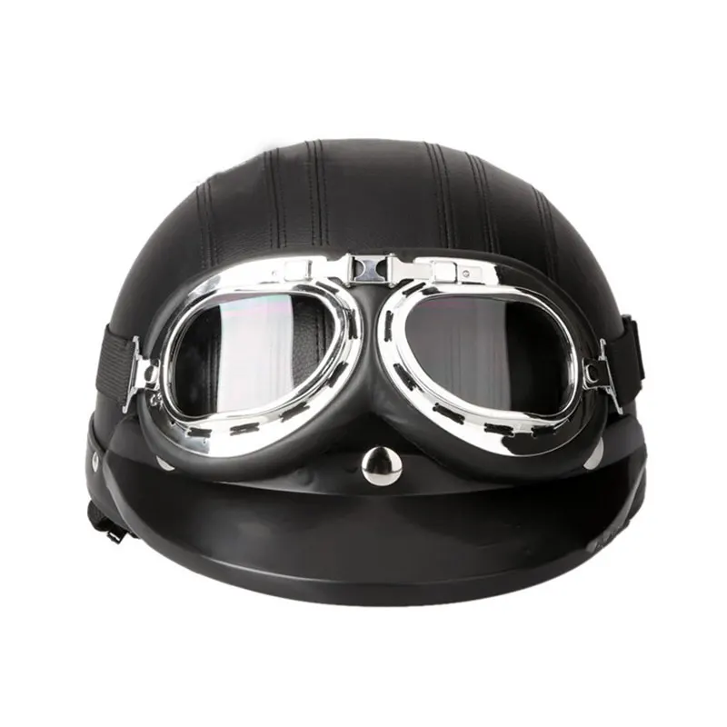 German Style Motorcycle Black PU Half Helmet + Safety Goggles For Biker Scooter