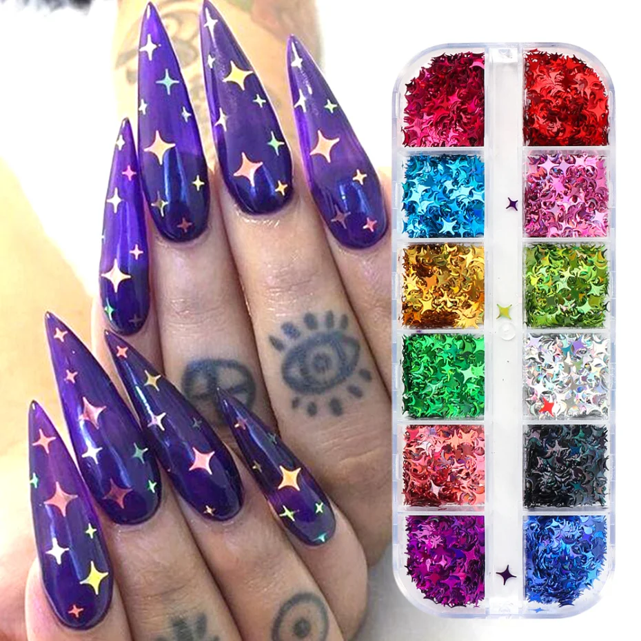 12 grids Nail Glitter Four-pointed Star Flakes Art Sequins Paillette Laser Shining Gel Nails Decoration DIY Tool LA1819 | Красота и