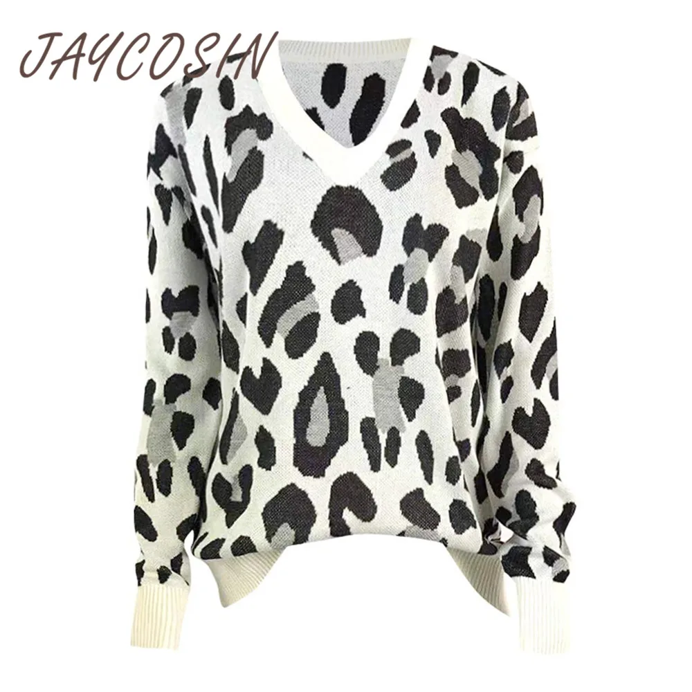 Женская одежда JAYCOSIN вязаные свитера с леопардовым принтом длинными рукавами и