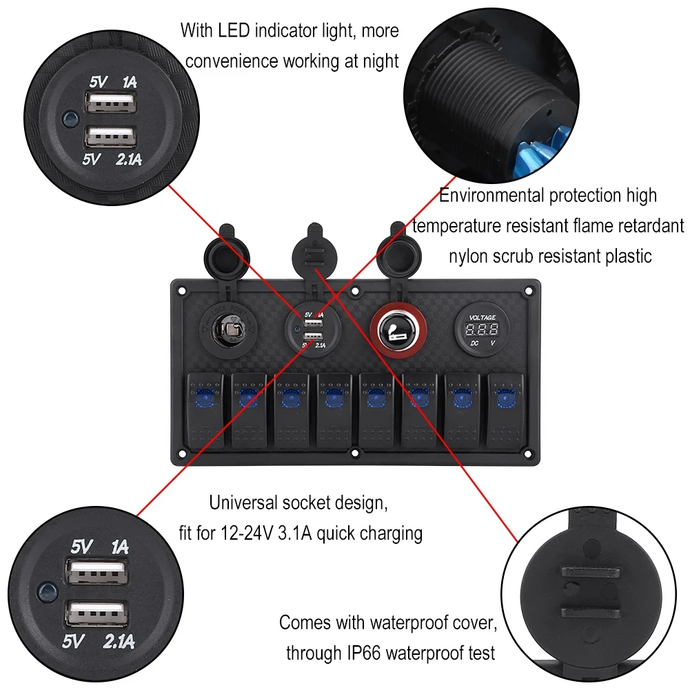 12V 24V 8 Gang Car Boat LED Rocker Switch Control Panel Dual USB Voltmeter Cigarette Lighter 8 Gang Rocker Switch Panel
12V 24V 8 Gang Car Boat LED Rocker Switch Control Panel Dual USB Voltmeter Cigarette Lighter 8 Gang Rocker Switch Panel