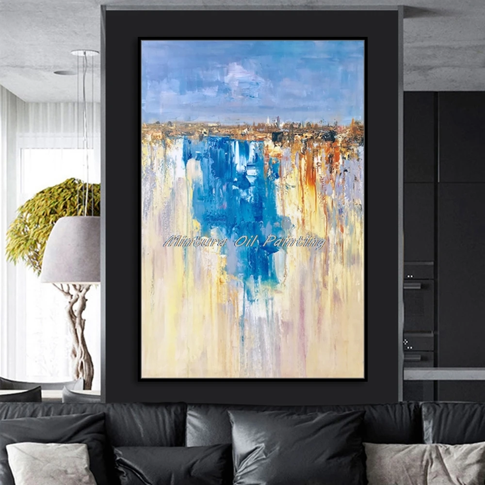 

Mintura Hand Painted Oil Paintings on Canva The Abstraction of Blue and Yellow Wall Picture For Living Room Home Decor No Framed