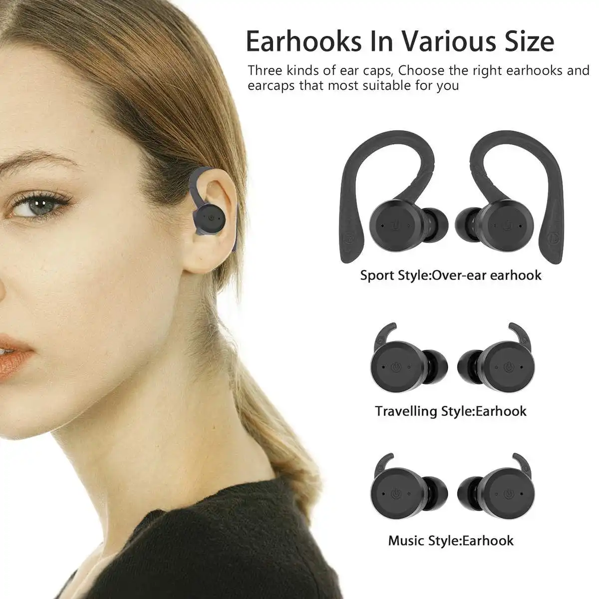 TWS bluetooth 5.0 Detachable Earhooks Earphones Headphone IPX7 Waterproof Sport 360 Degree HD Heavy Bass Earbud Headset with Mic |