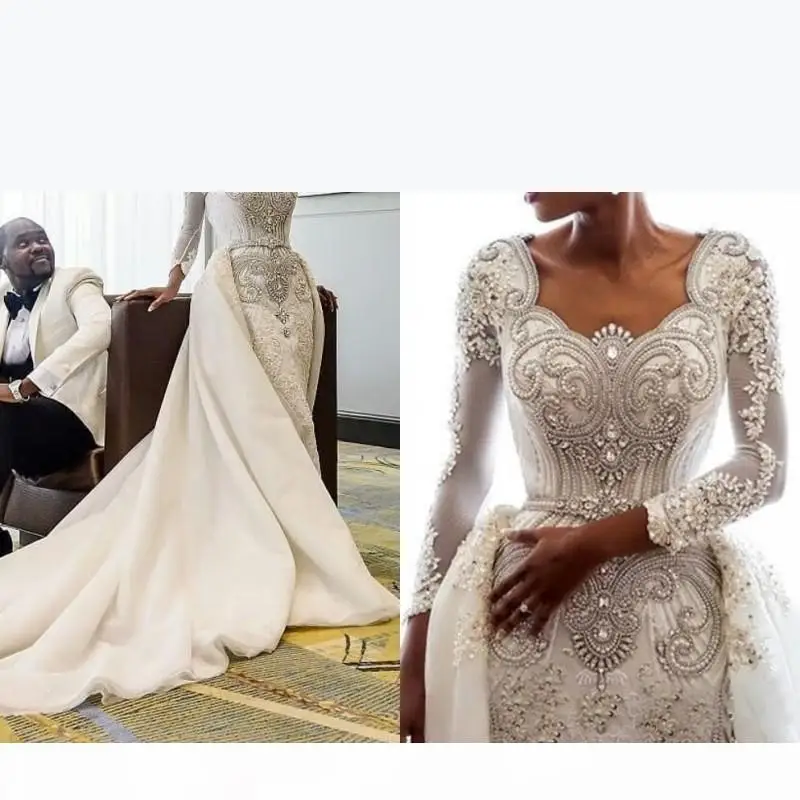 

African Long Sleeves Lace Mermaid Wedding Dresses Scoop Lace Applique Beaded Crystals Over Skirts Court Train Wedding Bridal