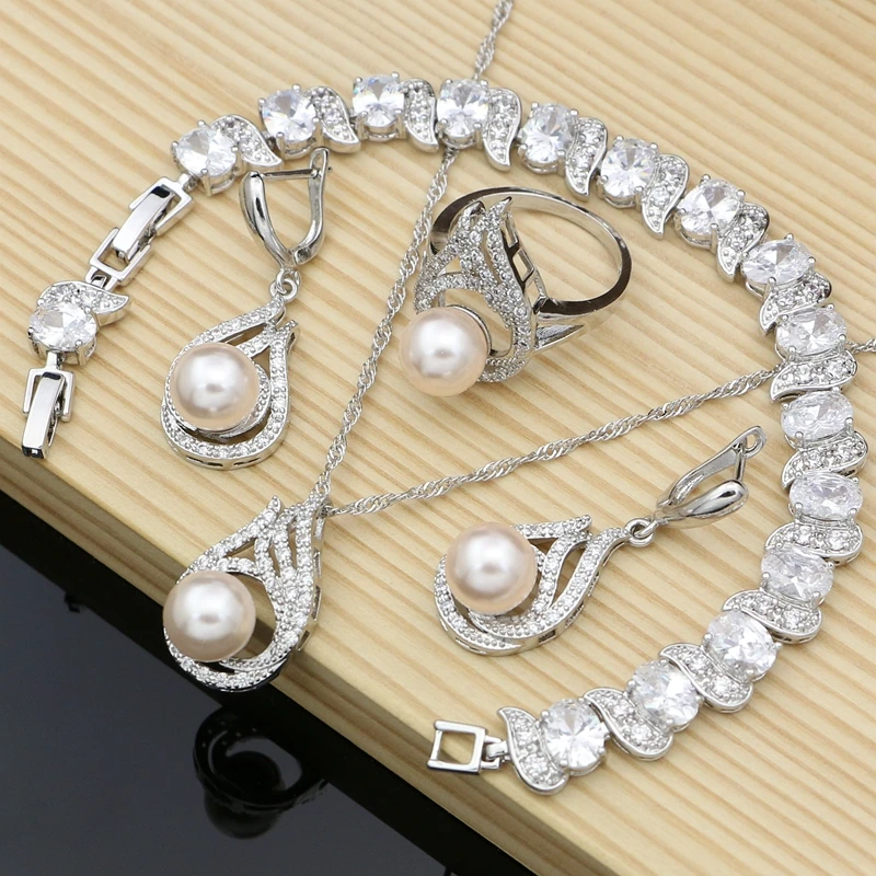Silver 925 Bridal Jewelry Sets Pink Pearls Beads for Women Wedding CZ 4 Pcs Necklace Set Dropshipping
Silver 925 Bridal Jewelry Sets Pink Pearls Beads for Women Wedding CZ 4 Pcs Necklace Set Dropshipping
