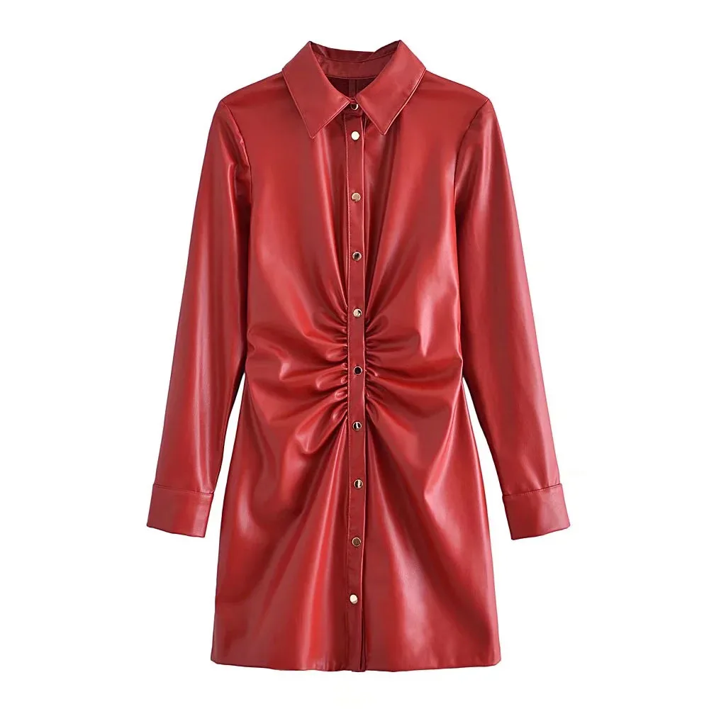 BBWM 2021 Autumn Women Elegant PU Slim Folds Dress Female Fashion Vintage Single-Breasted Office Lady Long Sleeve Mini Dress
BBWM 2021 Autumn Women Elegant PU Slim Folds Dress Female Fashion Vintage Single-Breasted Office Lady Long Sleeve Mini Dress