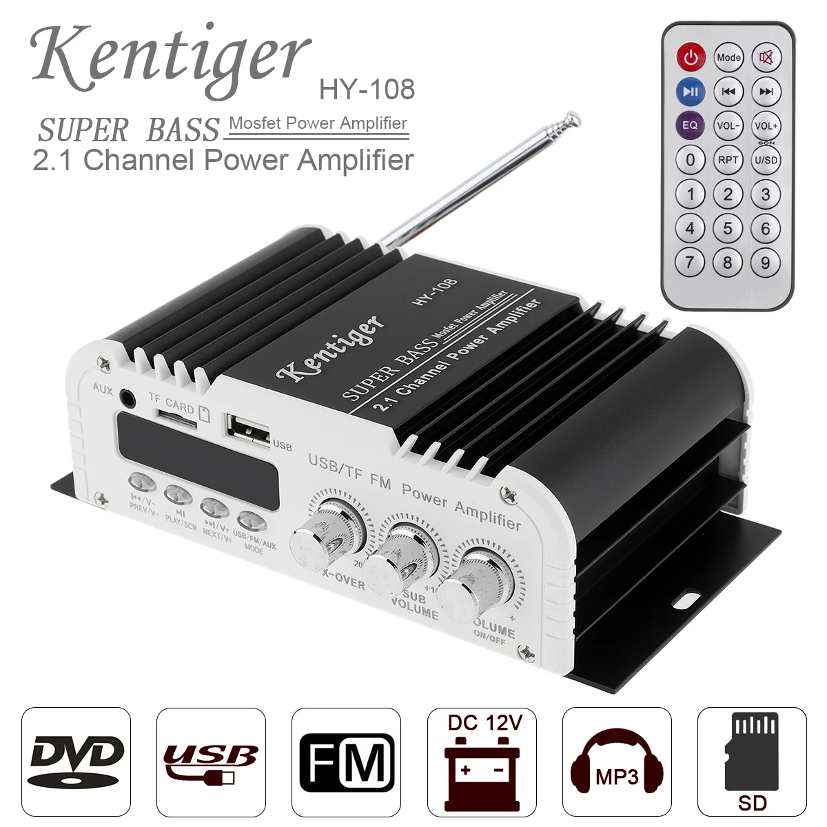 HIFI Car Audio High Power Amplifier 2.1 Channel Stereo Amplifier FM Radio Player Support SD USB DVD MP3 with Remote Controller
HIFI Car Audio High Power Amplifier 2.1 Channel Stereo Amplifier FM Radio Player Support SD USB DVD MP3 with Remote Controller