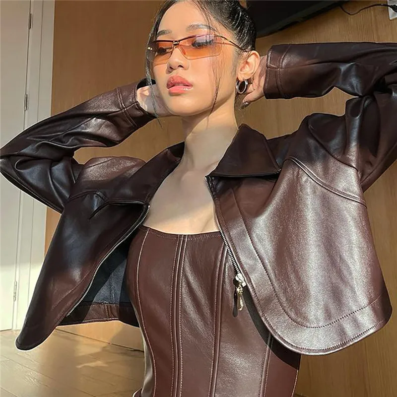 Women Fashion High Street Jacket Leather Coat Solid Color Autumn Spring Long Sleeve Zipper Lapel Neck Slim Tops Outwear Female
Women Fashion High Street Jacket Leather Coat Solid Color Autumn Spring Long Sleeve Zipper Lapel Neck Slim Tops Outwear Female