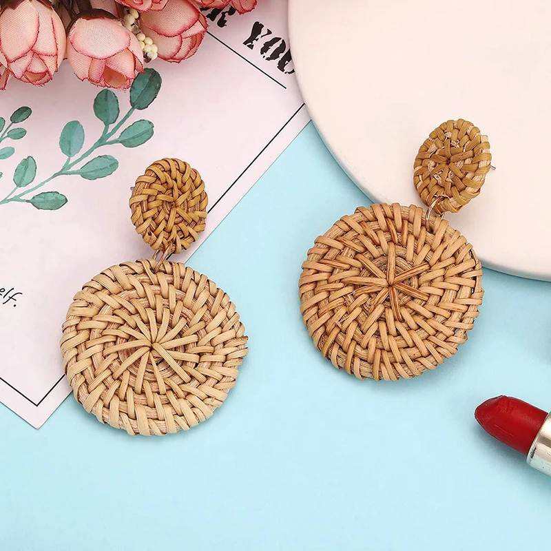 1 Pair 2021 Creative New Korea Weave Rattan Knit Vine Geometric Circle Long Drop Earrings for Women Jewelry Gift Decoration