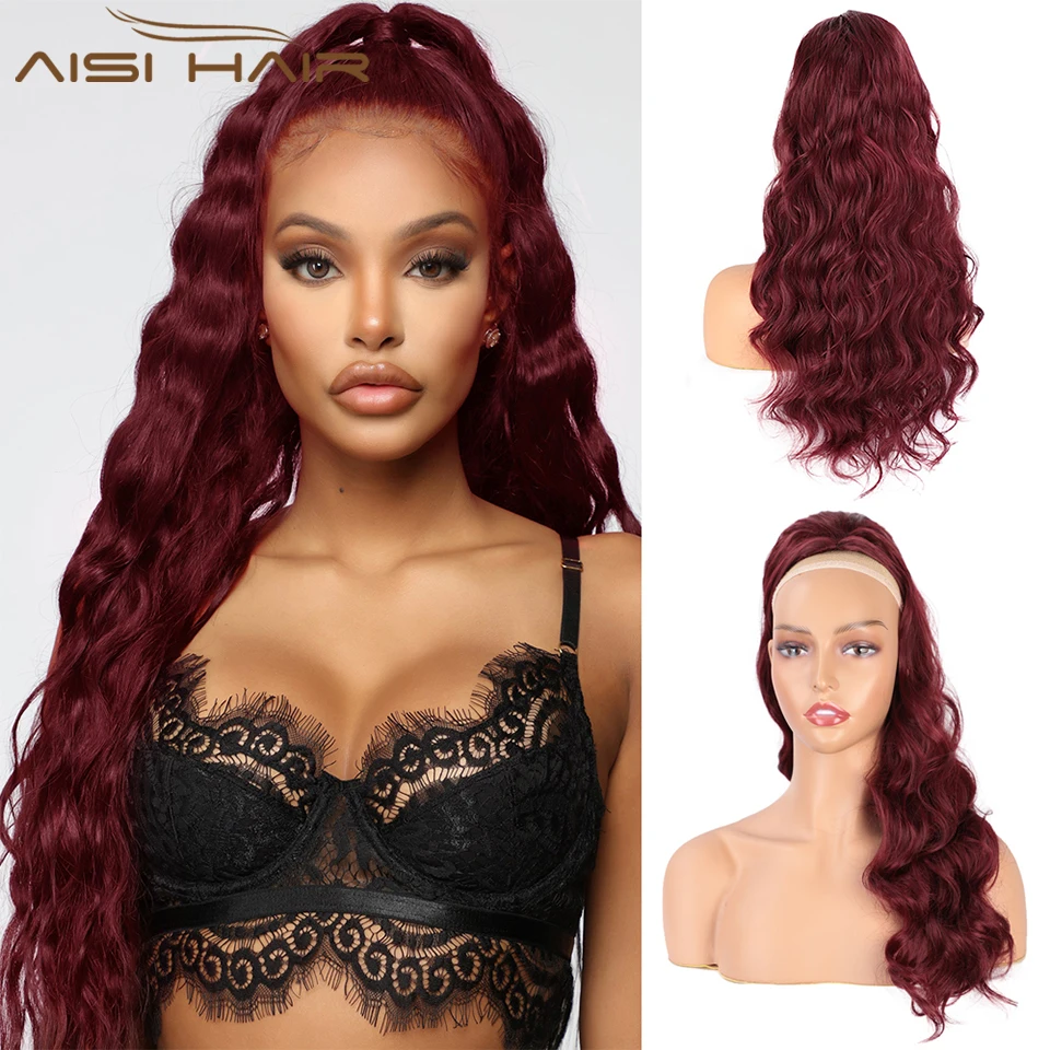 

AISI HAIR Synthetic Long Wavy Ponytail Hair Wine Red Drawstring Ponytail Extension African American for Women Heat Resistan