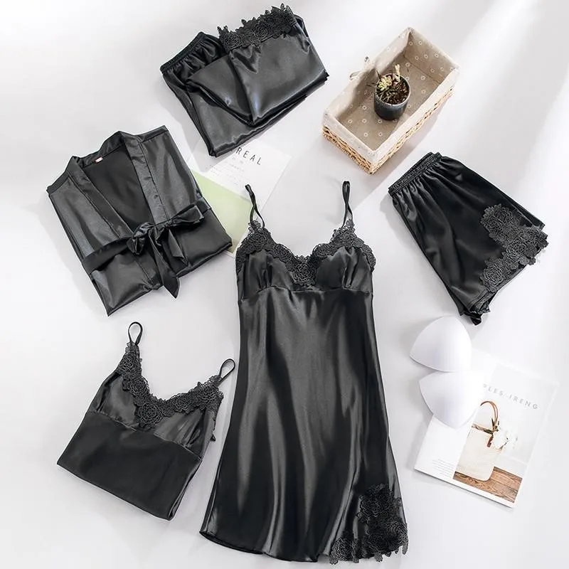 Satin Sleepwear Kimono Gown Loose Pyjamas 5PCS Pajamas Set For Women Sexy Bathrobe Intimate Lingerie Casual Lounge Wear
Satin Sleepwear Kimono Gown Loose Pyjamas 5PCS Pajamas Set For Women Sexy Bathrobe Intimate Lingerie Casual Lounge Wear