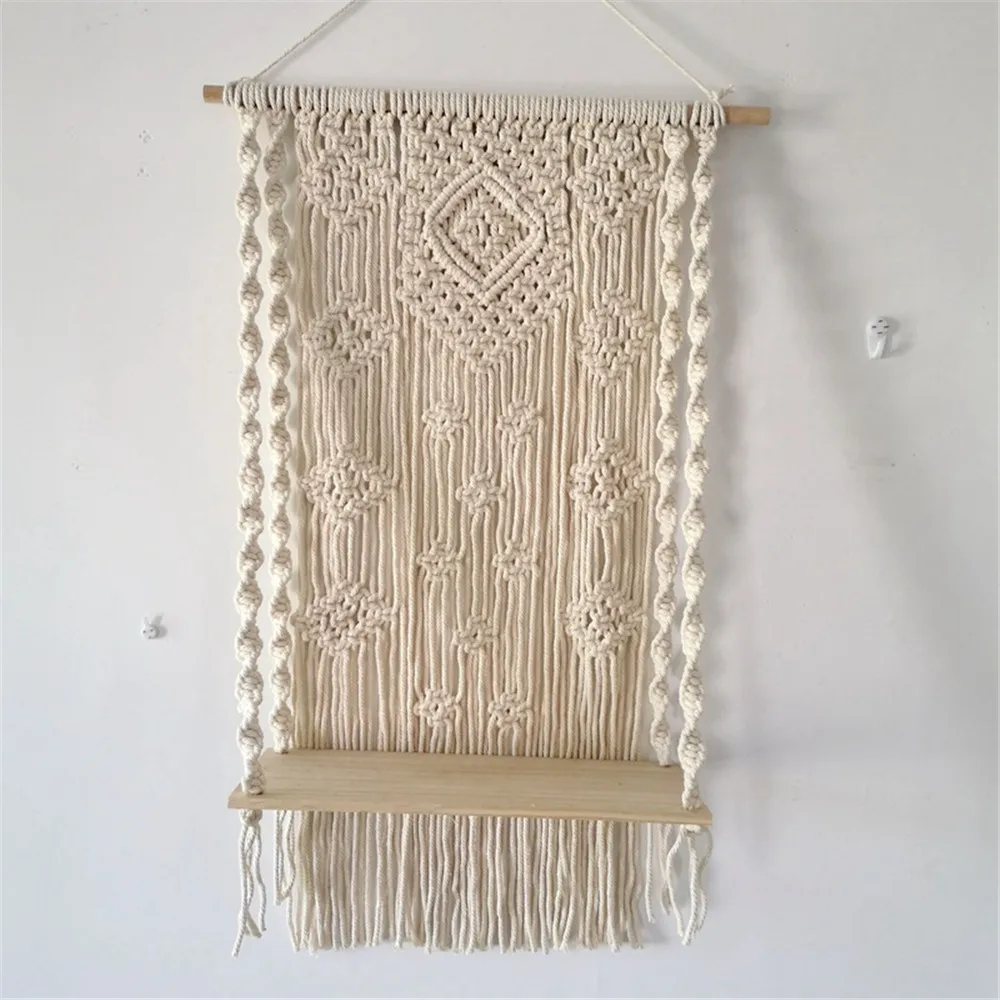 White Handmade Macrame Tapestry Cotton Wall Hanging Fabrics Boho Hand-Woven Wooden Shelves Wall Tapestry Plant Stand Home Decor
White Handmade Macrame Tapestry Cotton Wall Hanging Fabrics Boho Hand-Woven Wooden Shelves Wall Tapestry Plant Stand Home Decor