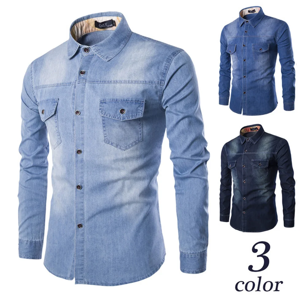 

2021 Coll Men's Fashion Casual Denim Long Sleeve Shirt Tops Washed Slim Denim Lepel Shirt Plus Size