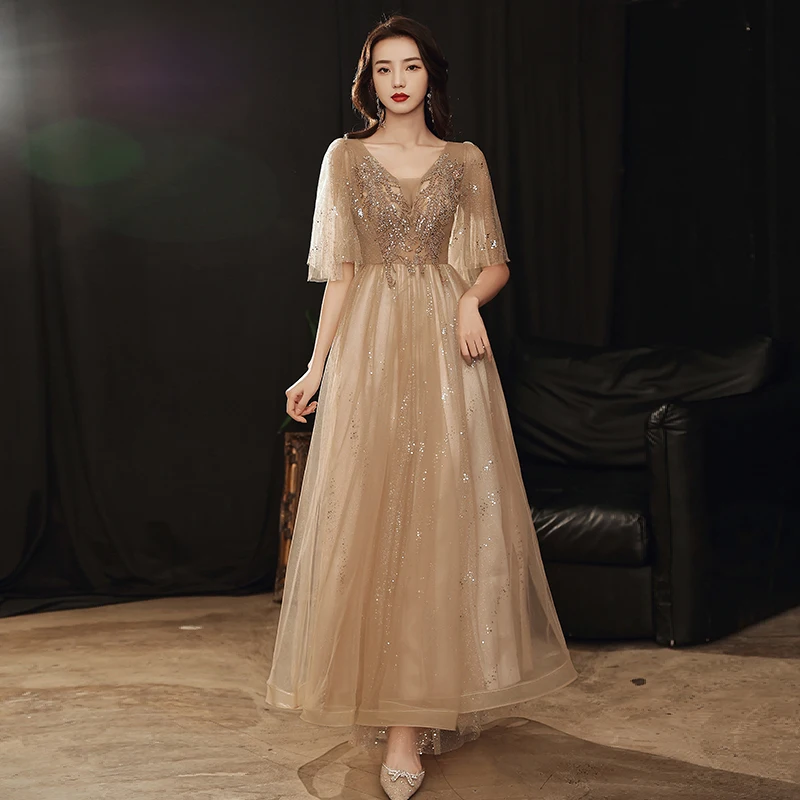 Sequins Evening Dress Elegant Deep V-Neck Short Sleeves A-Line Ankle-Length Appliques Lace Up Tulle Woman Formal Party Gown A543
Sequins Evening Dress Elegant Deep V-Neck Short Sleeves A-Line Ankle-Length Appliques Lace Up Tulle Woman Formal Party Gown A543
