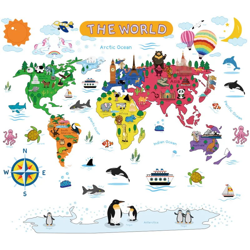 

Zollor New Cartoon Animal World Seven Continents Wall Sticker Kindergarten Children's room Scene Layout Decoration Stickers