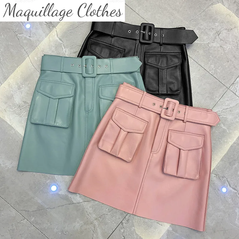 Spring Autumn New Designer Women's Genuine leather pockets Belt skirts High quality sheepskin High-rise leather skirt C675
Spring Autumn New Designer Women's Genuine leather pockets Belt skirts High quality sheepskin High-rise leather skirt C675