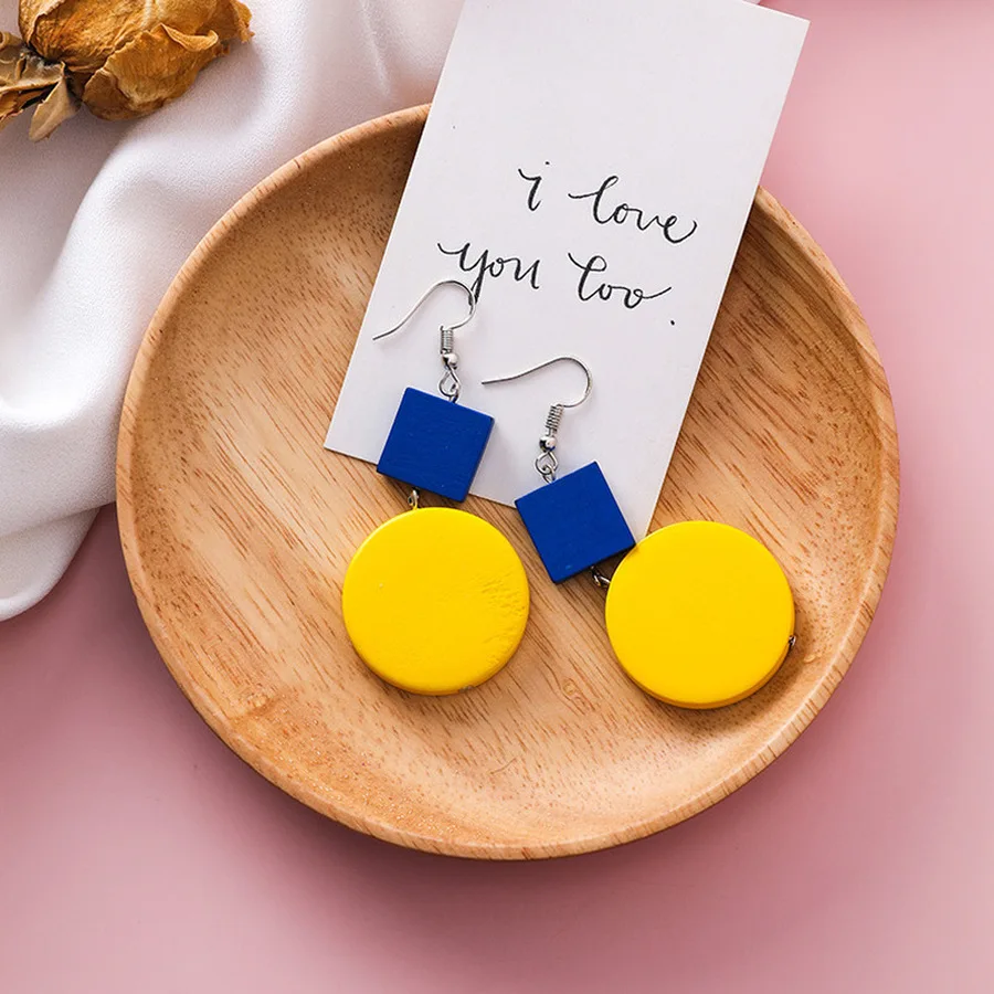 Yellow Blue Wood Cold Style Long Square Round Geometric Drop Earrings for Girl Women Fashion Jewelry Accessories | Украшения и
