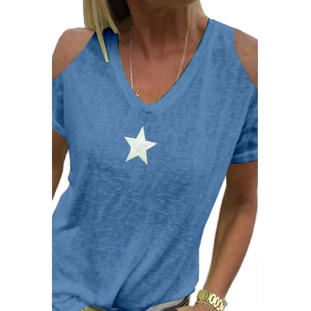 Лидер продаж Женская летняя футболка с открытыми плечами принт со звездой