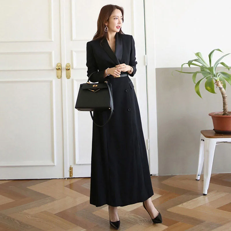

High Quality Women Long Blazer Dress Notched Collar Elegant Slim Double Breasted Trench coat OL Dress Ofiice Ladies Wear To Work