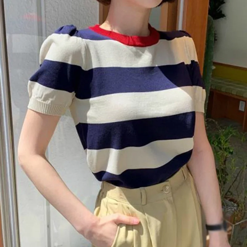 Korean O Neck Color Striped T-Shirt Summer Casual Short Sleeve Slim Knitted Tee Shirt Tops Female Crop Top Ladies Shirt
Korean O Neck Color Striped T-Shirt Summer Casual Short Sleeve Slim Knitted Tee Shirt Tops Female Crop Top Ladies Shirt