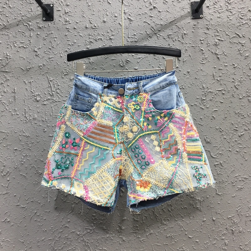 

Heavy Sequin Embroidered Jean Shorts 2021 Summer New Loose Casual Wide Leg Hot Pants Womens High Waisted Denim Shorts