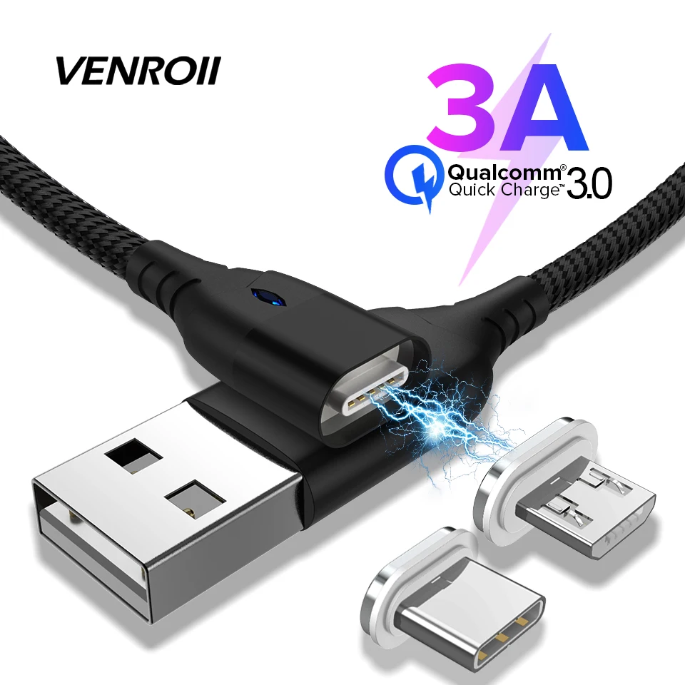 Магнитный кабель Venroii 3A Micro usb type C для быстрой зарядки магнитное зарядное