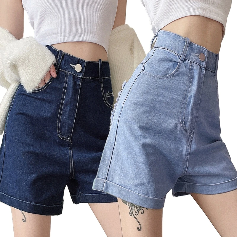 

Women High Waist Denim Shorts Harajuku Frill Heart Patch Wide Leg Jeans Trousers