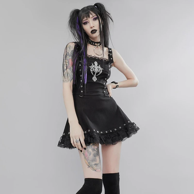 

Gothic Aesthetic Sexy High Waist Lace Spaghetti Strap Dress Goth Dark Print Punk Y2K A Line Dress Grunge EGirl Emo Alt Clothes