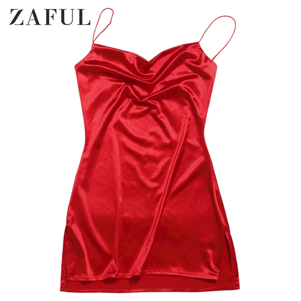 

ZAFUL Women Sexy Mini Dress Side Slit Satin A Line Spaghetti Strap Cami Dress Sleeveless Party Dresses Night Club Summer Vestido