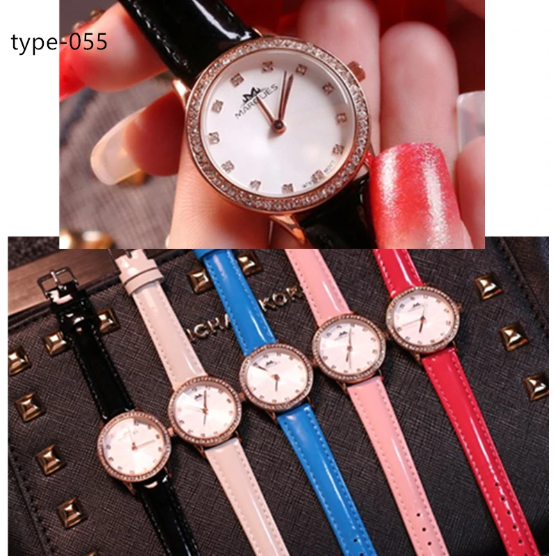 

Women Watches MARGUES Brand Lady Quartz Watch Pearl Fritillary Dial Single Row Fashion Leather Strap Girl Clock 041/058